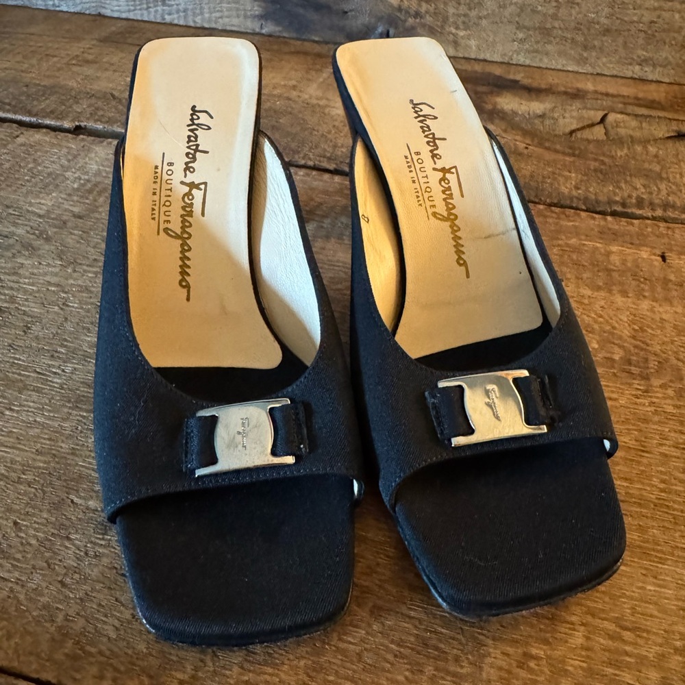 Salvatore Ferragamo Boutique Black Mules with Silver Accent, made in Italy, 8B